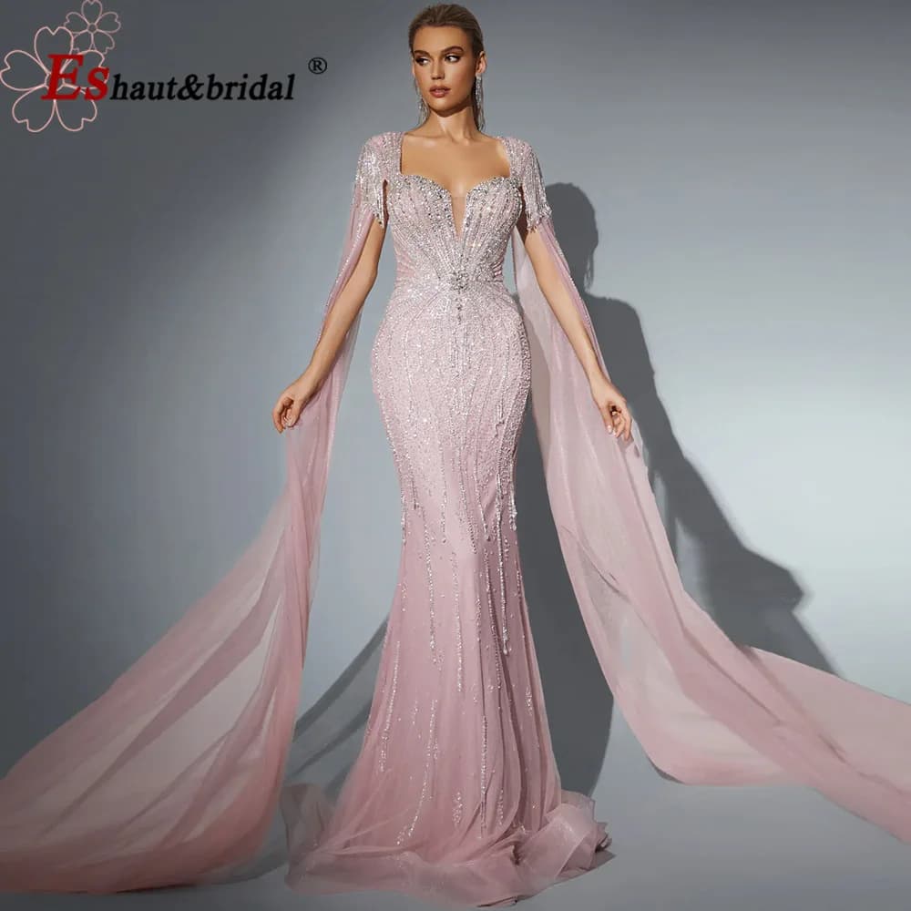 Eshaut&bridal Abito da Sera Lussuoso a Sirena con Perline per Donne, Stile Dubai con Maniche a Mantella, Vestito Lungo Formale per Cerimonie e Matrimoni Personalizzabile