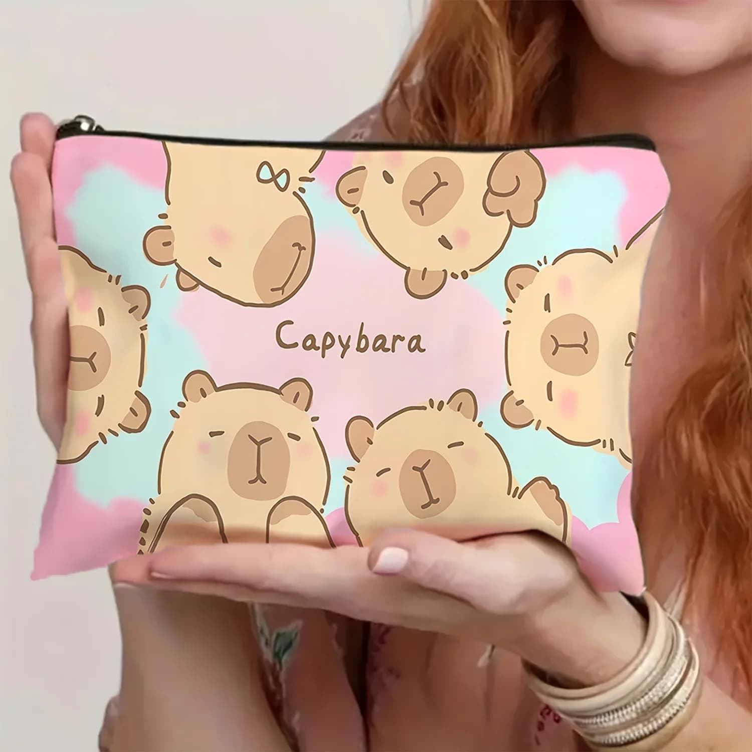 1 piece of retro design makeup bag with cute and super adorable headdress, snack bag, stationery bag, fashionable toilet bag, canvas print on both sides, multifunctional travel bag