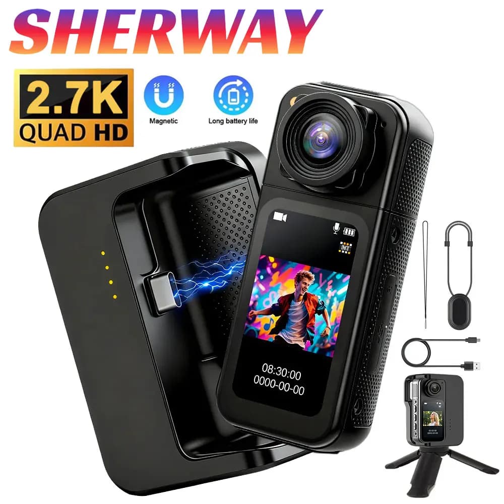Mini Telecamera Indossabile con Custodia di Ricarica 2.7K Action Cam Tascabile 180° ° Telecamera Sportiva Magnetica Rotante per Casco, Ideale per Ciclismo e Vlog