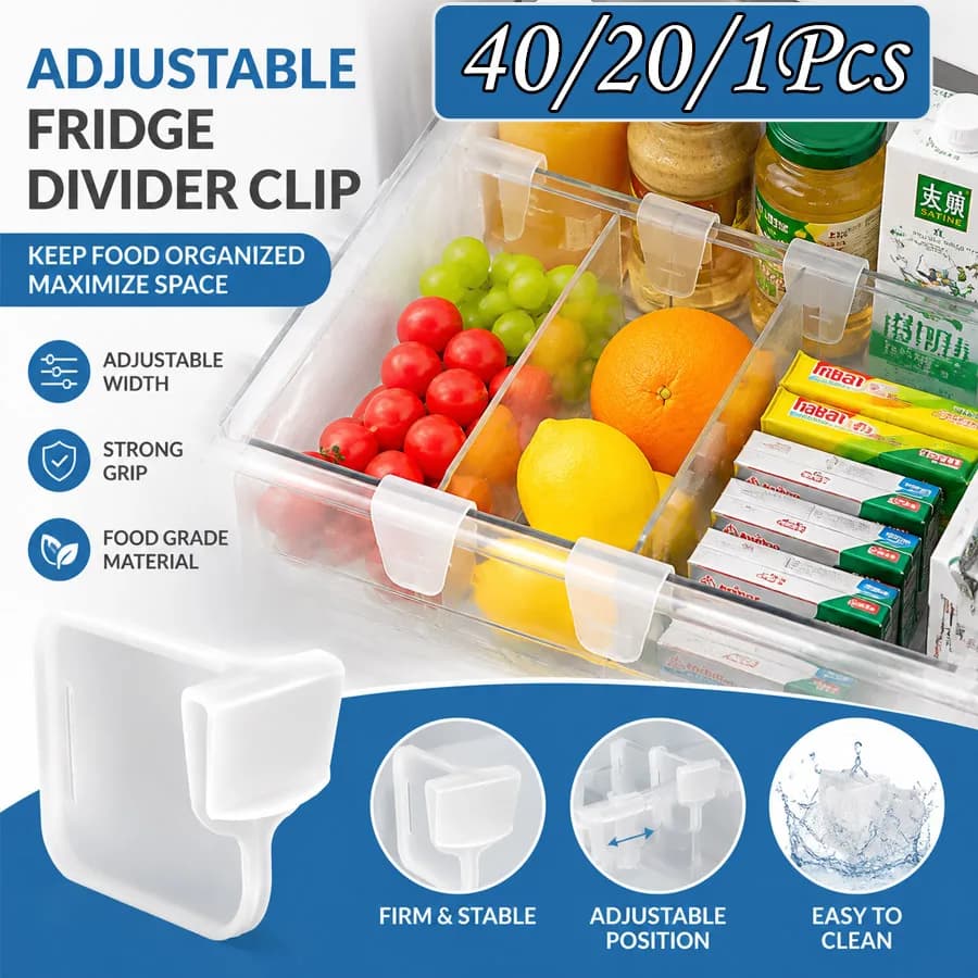 1/20/40pcs Adjustable Fridge Shelf Divider Clips, Refrigerator Door Organizer Stoppers, Space Management Storage Accessories