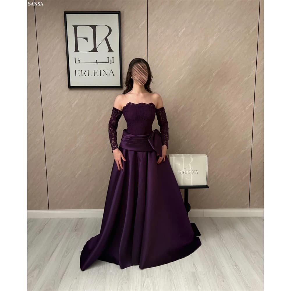 Abito da ballo Sansa personalizzato viola a trapezio con fiocco oversize, senza spalline, senza maniche, Vestidos De Noche, lungo fino al pavimento, formale da sera 2026