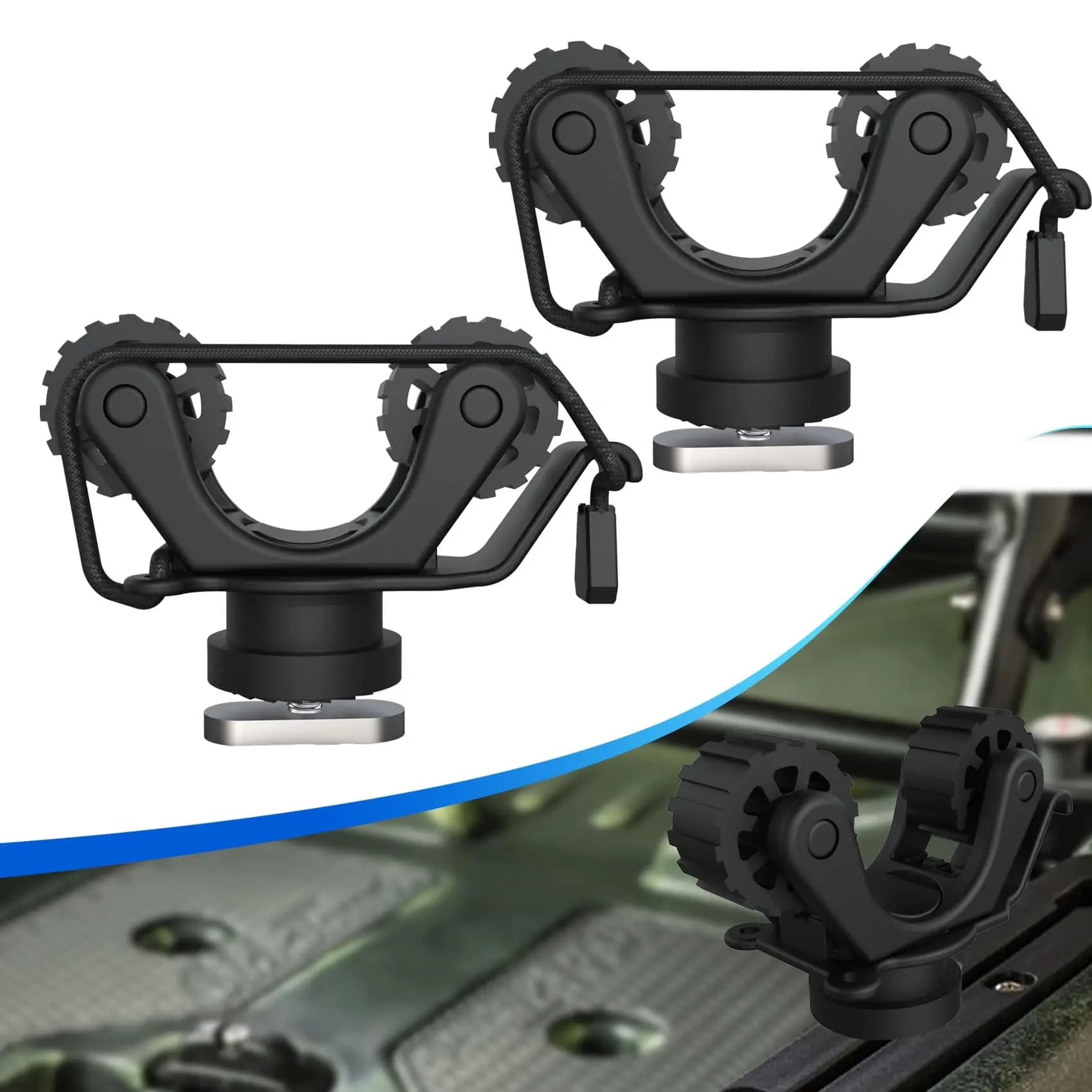Support for kayak rails Accessories for kayak rail mounting to hold support for standard paddle kayaks for fishing rod