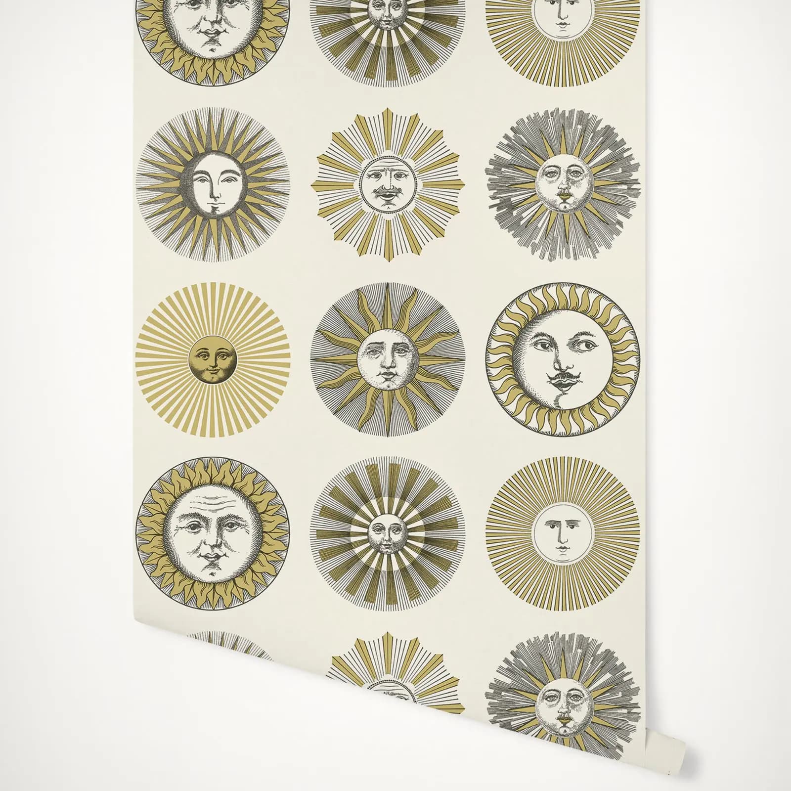 Cream and Gold Soli Wallpaper, Scandinavian Wall paper with cute Sun head faces