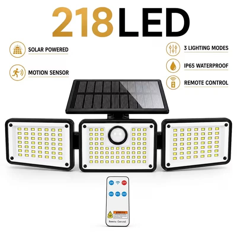 218 LED Solar Motion Sensor Light Outdoor, 3-Head Wide Angle Security Wall Light with Remote Control, 3 Lighting Modes, IP65 Waterproof Solar Flood Light for Garage, Yard, Patio, Porch