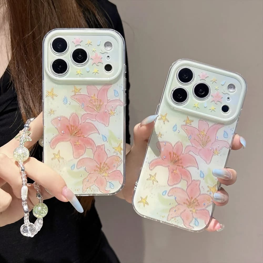 Nuova Custodia a Sospensione con Fiori di Giglio Dorati, Adatta per iPhone 17 Pro, 13, 14, 15, 16 Pro Max, Pacchetto Anti-Caduta Tutto in Uno