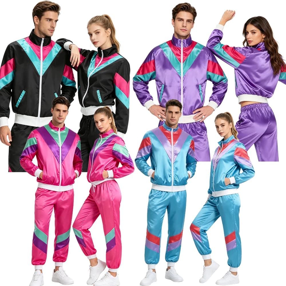 Retro 80s Costumes For Women Men Vintage Sportwear Tracksuit Jacket Shell Hip Hop Suit 90s 70S Outfit Halloween Party Suits