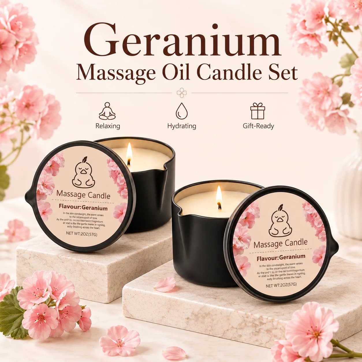 2 Pack Geranium Massage Oil Candle Set, 2oz Scented Candles for Body Massage, Floral Aromatherapy Candle, Nourishing & Hydrating Home Spa, Relaxing & Soothing Self Care Gift for Women, Couples, Birthday, Anniversary, Valentine’s Day, Holiday Gift