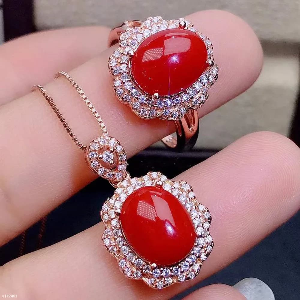KJJEAXCMY Fine Jewelry 925 Sterling silver naturale corallo rosso pietra preziosa anello da donna coreano set pendente invia fidanzata compleanno w