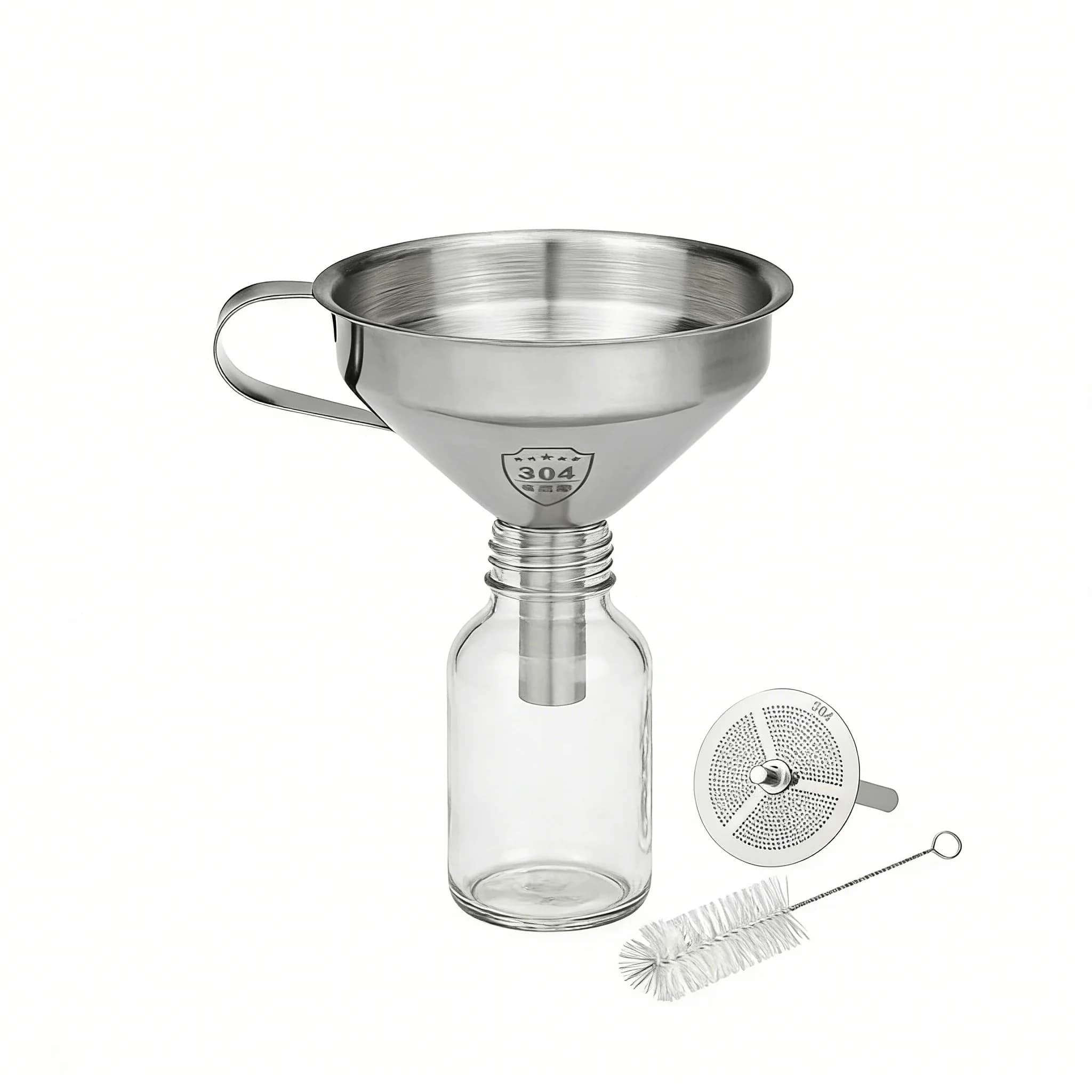 Set of 3 stainless steel funnel with removable filter – Detachable mesh screen separating residues from liquid, includes cleaning brush, perfect for filling bottles, transfer oil, home brew preparation and use in kitchen