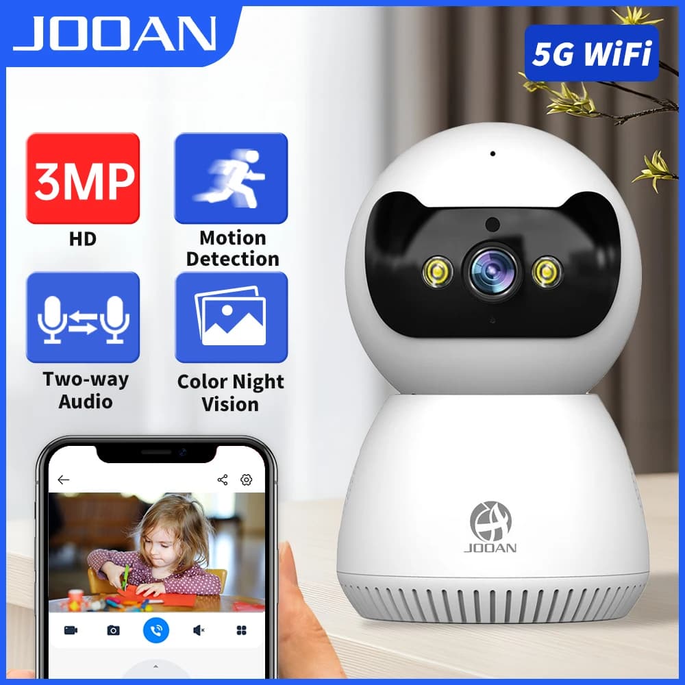 Telecamera IP JOOAN 3MP per Interni, Wi-Fi 5G, PTZ, con Tracciamento Automatico, Visione Notturna, Monitor di Sicurezza per Bambini