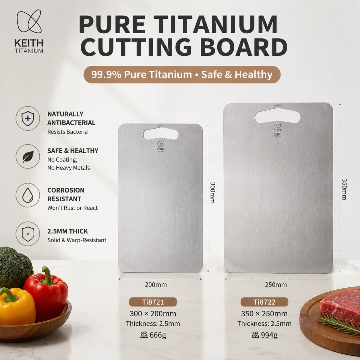 KEITH Pure Titanium Chopping Board, 2.5mm Thick Antibacterial Rustproof Kitchen Outdoor Cutting Board for Meat Veggies Seafood