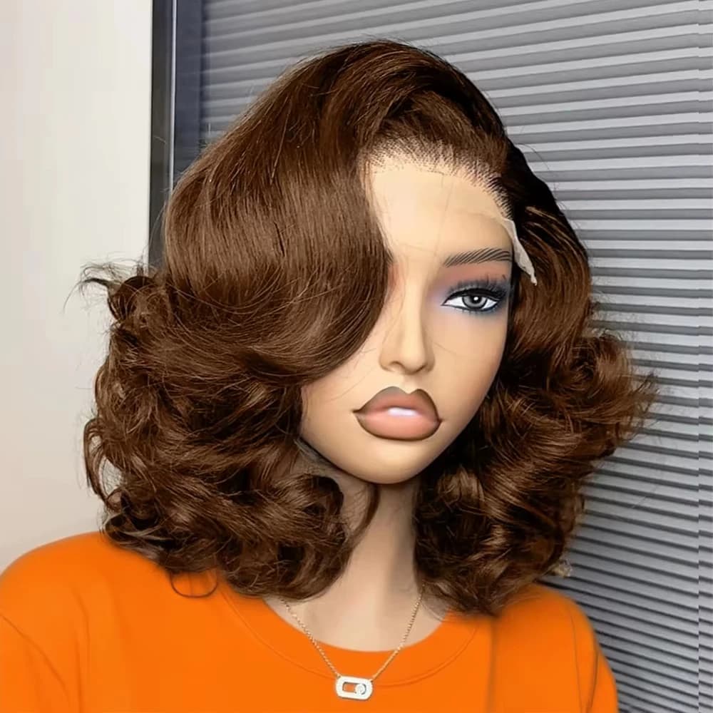 #4 Brown Short Bob Wigs Body Wave Human Hair 13x4 HD Lace Frontal Wigs Colored 100% Human Hair Water Wave Preplucked