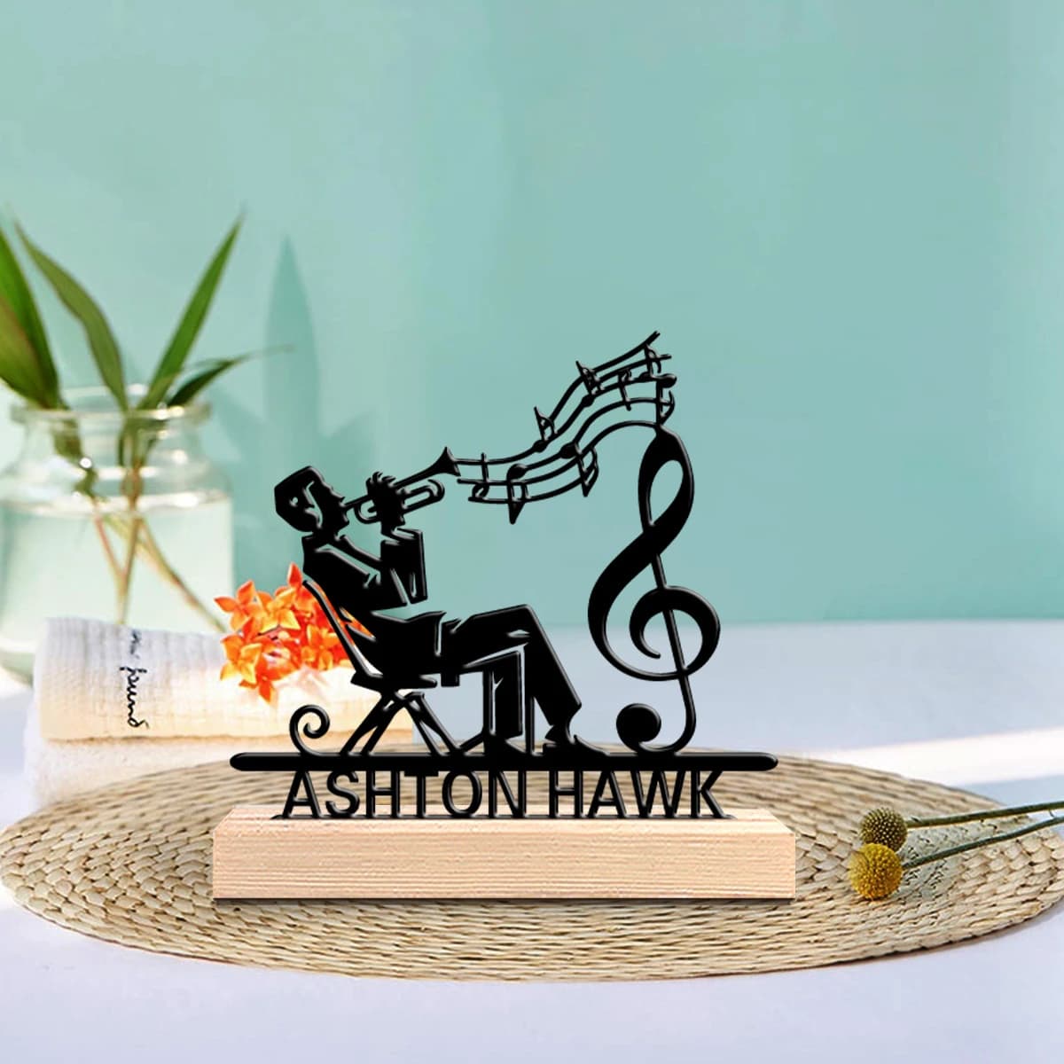 Music-themed Iron Figurine with Trumpet Player & Notes, Desktop Decor, Lovely Gift for Music Lovers