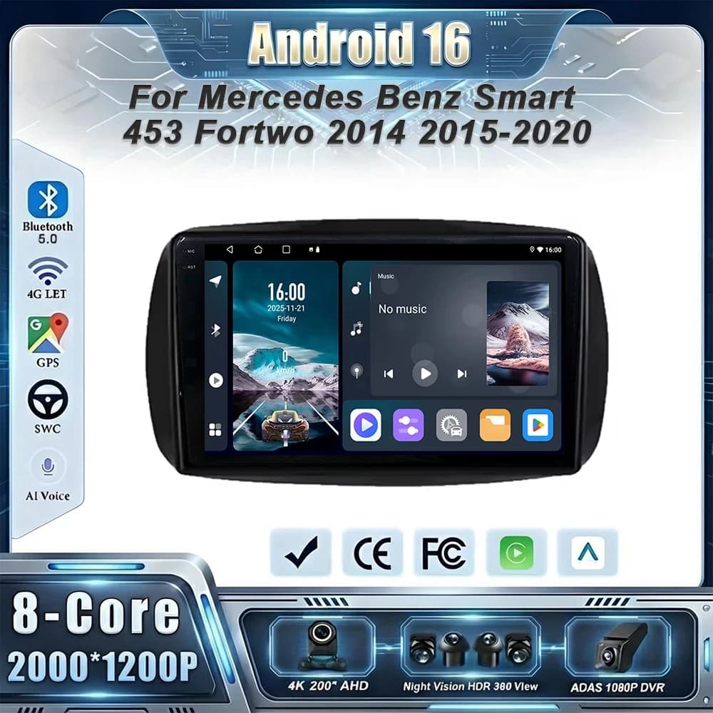Car GPS Android 16 Auto Radio For Mercedes Benz Smart 453 Fortwo 2014 2015-2020 Stereo Head Unit Multimedia Player No 2din DVD