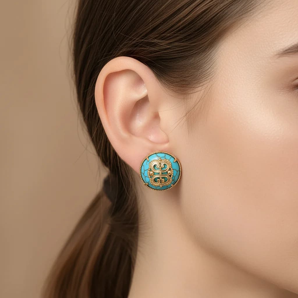 Vintage Turquoise Stud Earrings for Women - 18K Gold Plated Round Ethnic Jewelry Elegent Birthday Daily Female Ear Charm