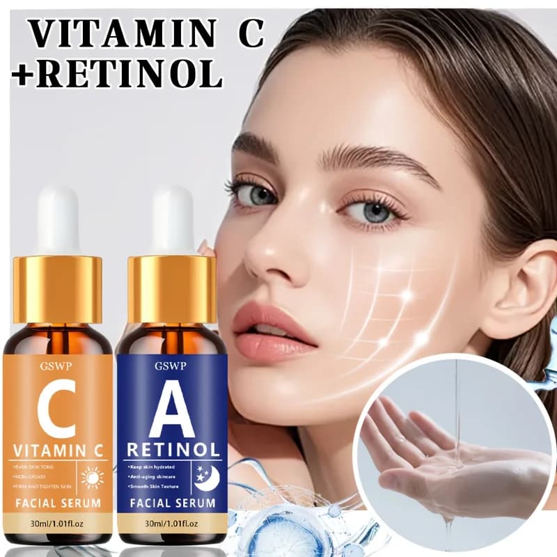 Il set di sieri GSWP con vitamina C e retinolo offre idratazione per tutto il giorno. Allevia la secchezza. Ammorbidisce la pelle. Uniforma il tono della pelle. 60ml/120ml