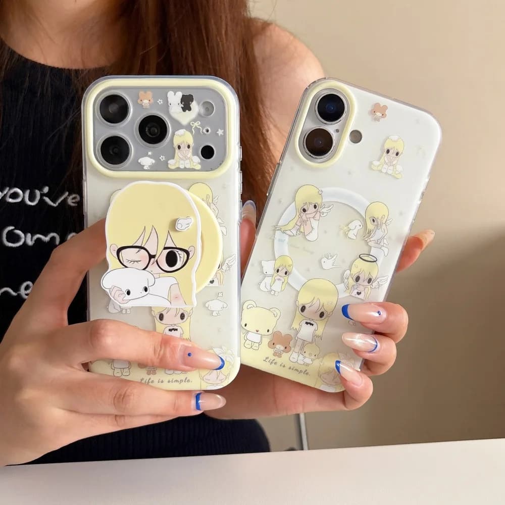 Korea Ins Cute Angel Girl Print Kawaii Phone Case for iPhone 17Pro 15 16 17 Pro Max 15 16 Pro Anti Drop Set with Magnetic Holder