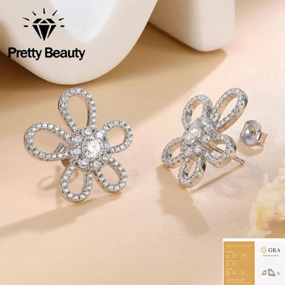 Pretty Beauty 925 Sterling Silver Moissanite Flower Stud Earrings for Women Five Petal Floral Design Dainty Wedding Jewelry Gift