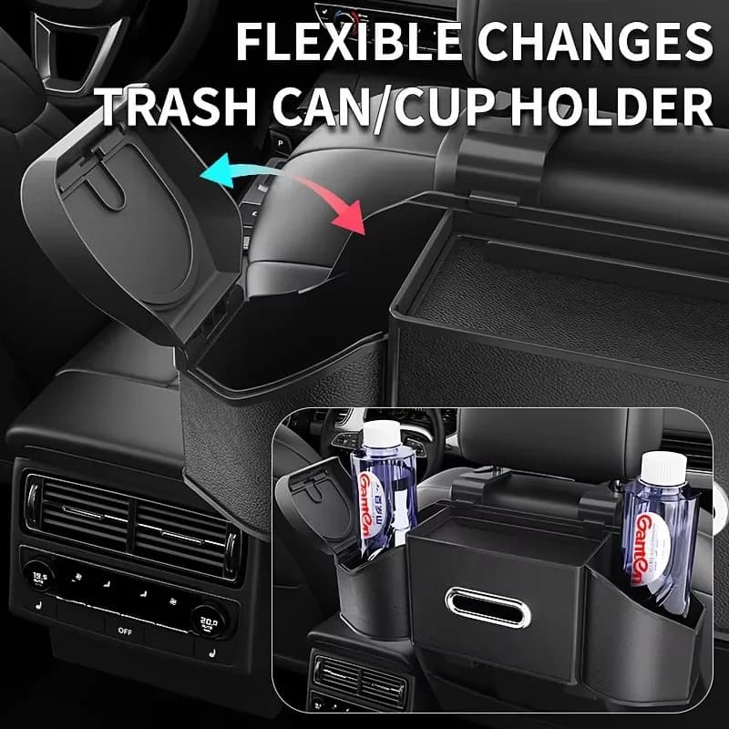 7-in-1 Car Back Seat Storage Box, Headrest Mount Tissue Box Trash Can Cup Holder Hook Multi-Function Rear Organizer