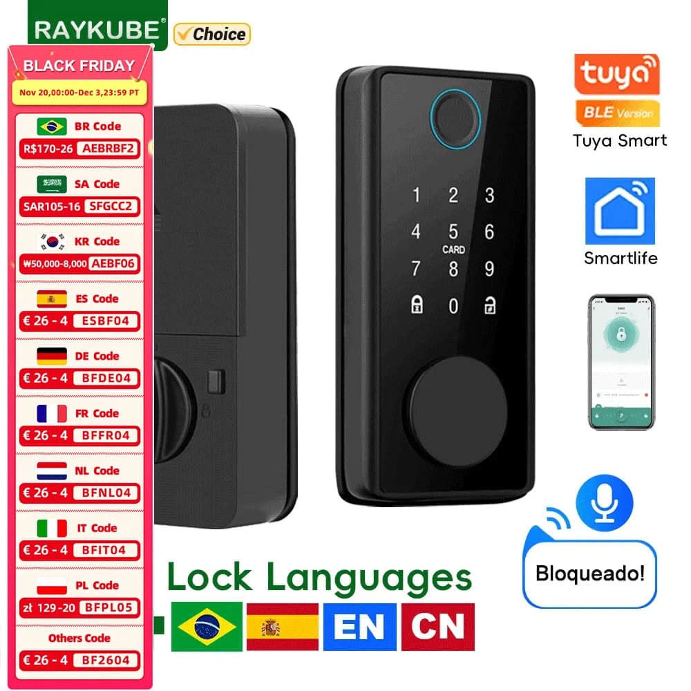 RAYKUBE DS01 Serratura con catenaccio intelligente per impronte digitali Tuya Bluetooth a 4 lingue con chiusura/chiave sensore porta/password/scheda/sblocco APP Tuya
