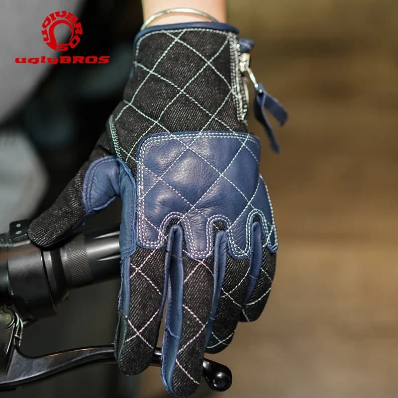 UGLYBROS Guanti da moto in pelle Guanti da motocross in denim con dita intere Touchscreen antiurto per la primavera estate autunno