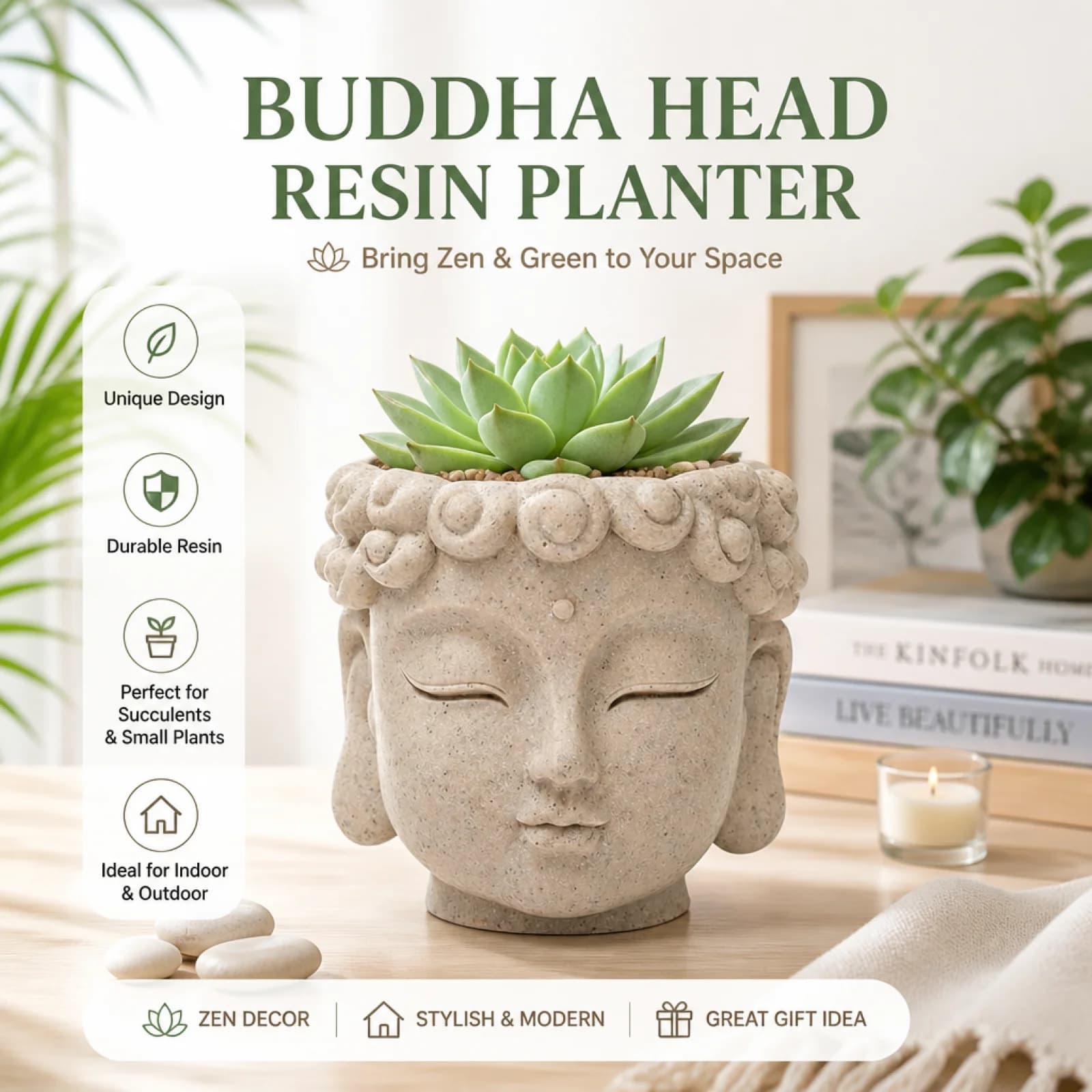 Vaso per Piante a Forma di Testa di Buddha, Design Creativo in Resina, Ideale per Meditatori