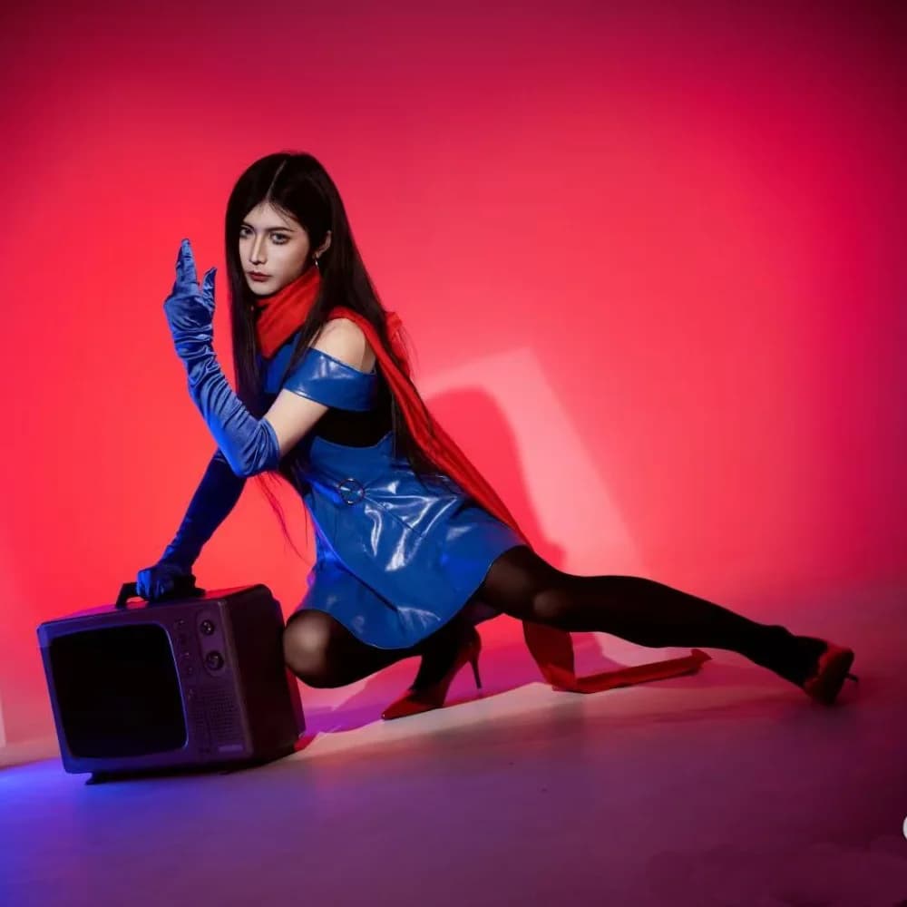 Costume Cosplay Lisa Lisa di JoJo's Bizarre Adventure, Abito in Pelle PU con Sciarpa Rossa per Feste di Halloween