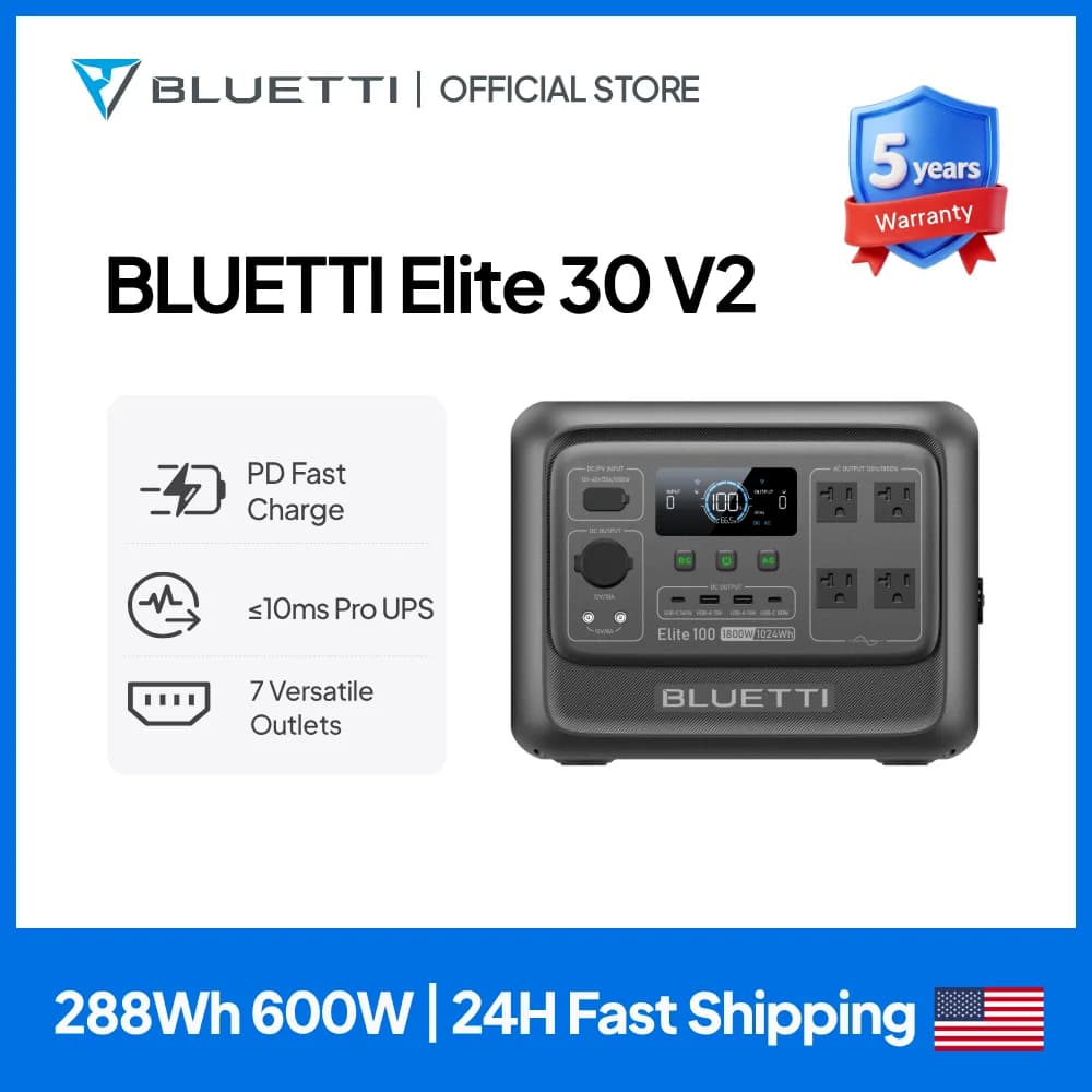 BLUETTI Elite 30 V2 | Stazione di Alimentazione Portatile 288Wh 600W, Generatore Solare Leggero a Ricarica Rapida per Backup Domestico e Uso Esterno