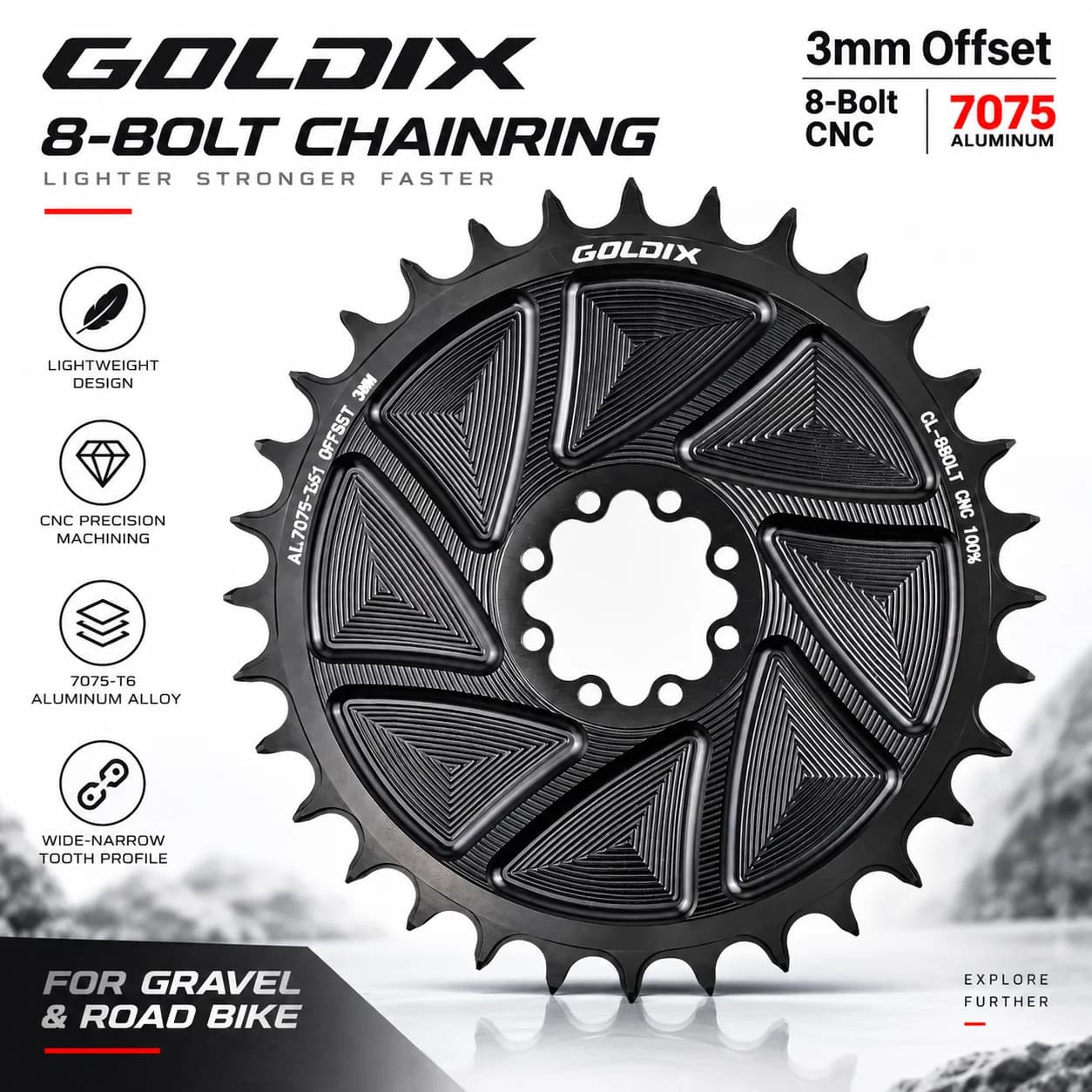 GOLDIX 8-Bolt Direct Mount AERO Bicycle Chainring Narrow Wide CNC Hollow Machined Aluminum Chainwheel for Road MTB Crankset
