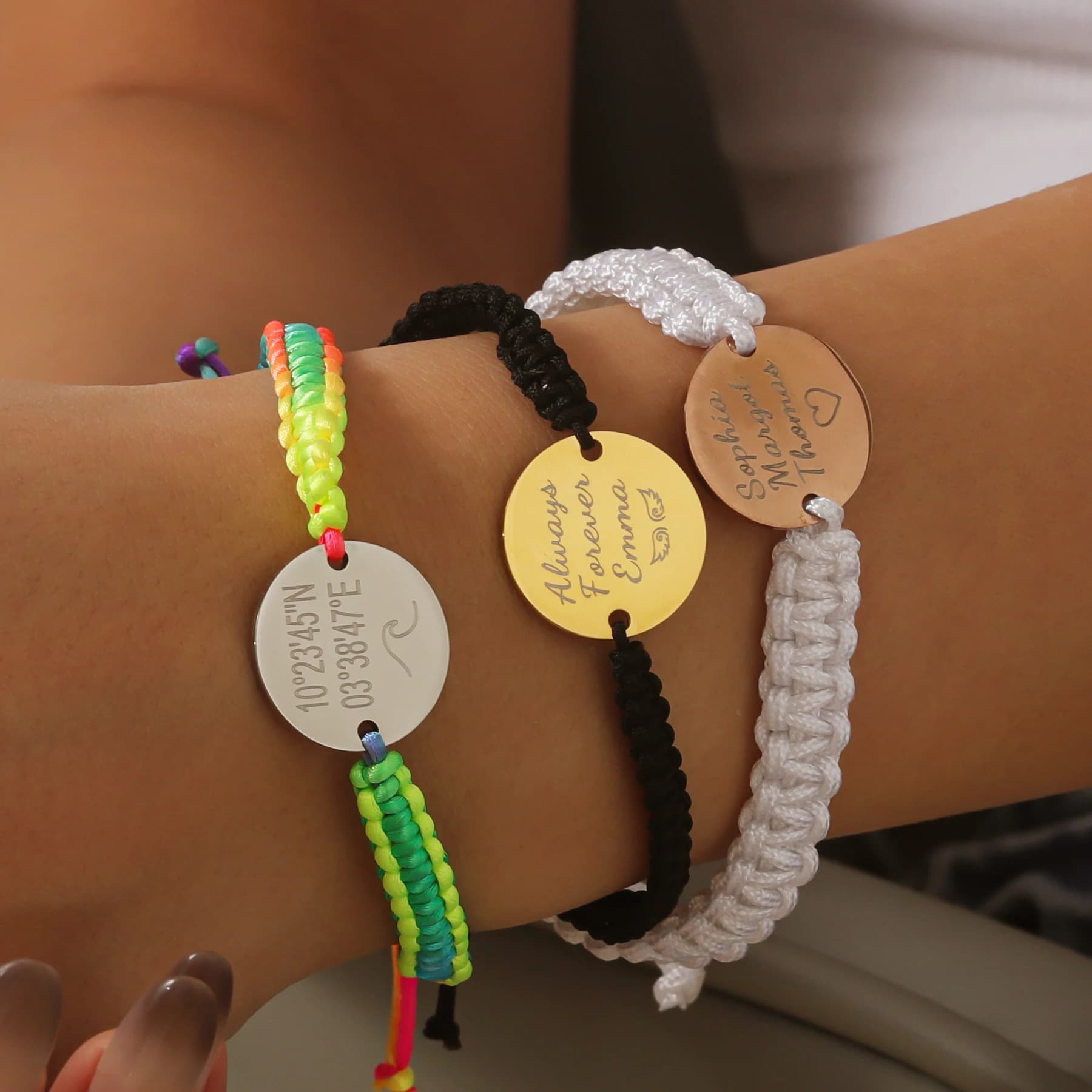 MYDIY Custom Engraved Bracelet Round White Laser Sign Date Name Hand woven Bracelets Gift with Round Pendant for Her