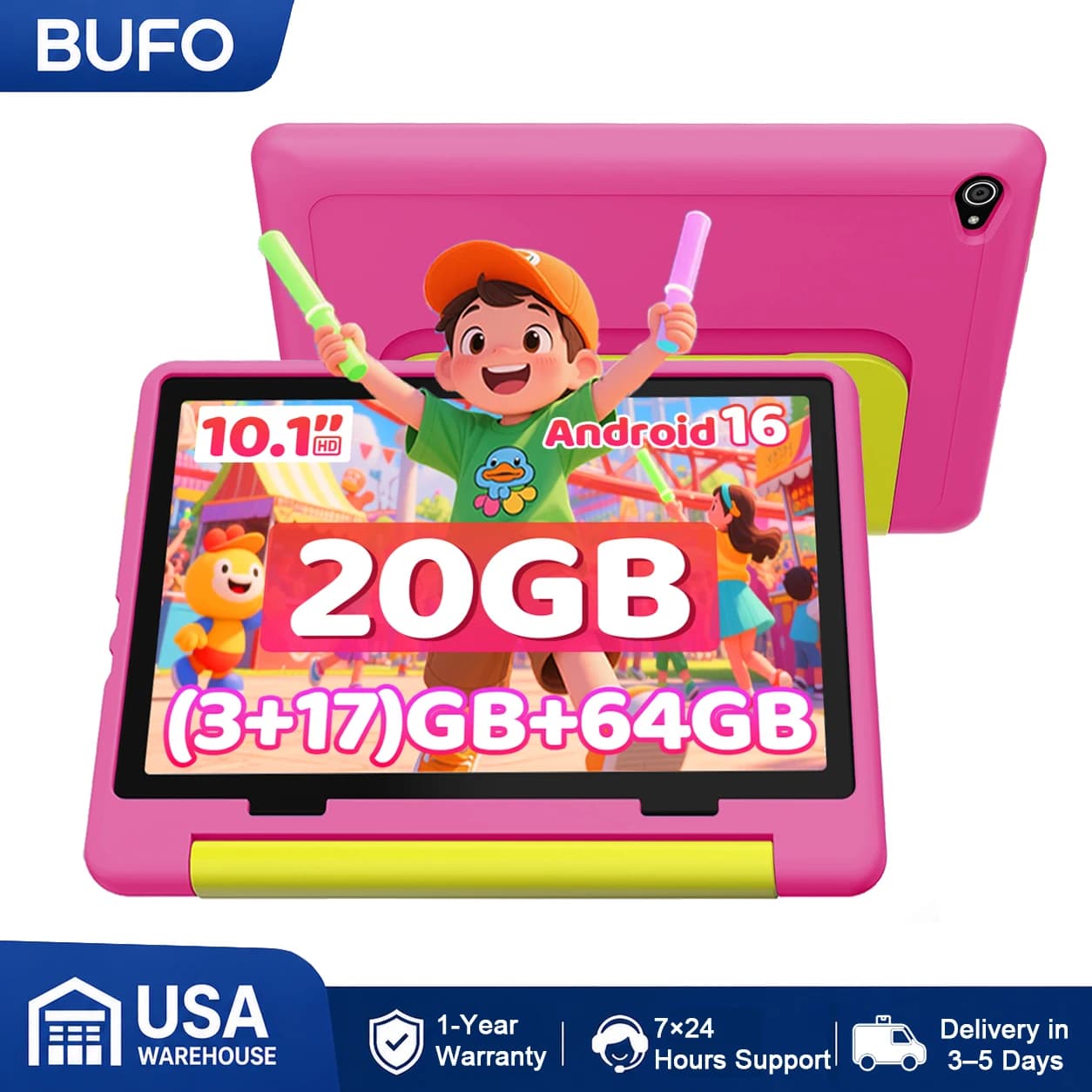 BUFO KT1028 10.1 Inch Kids Tablet A333 Five Core 20GB(3+17G) RAM 64GB ROM Android 16 1280*800 HD LCD Eye Protection Screen 5000mAh Battery Parental Control Dual Camera TF Card Up to 1TB Children Tablet PC