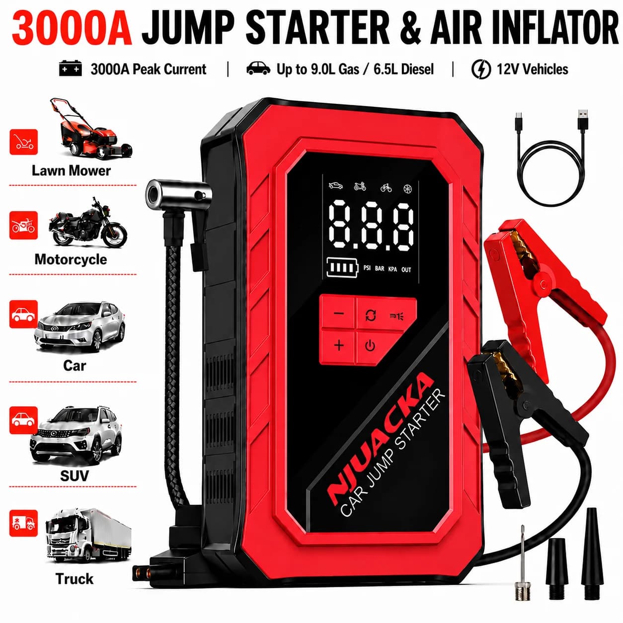 NJUACKA 3000A Peak 8-in-1 Portable Car Battery Jump Starter, 12V Auto Battery Booster with 150PSI Digital Tire Inflator Air Pump, Smart LCD Screen, USB Fast Charging Power Bank, LED Flashlight, SOS Emergency Light for Cars, SUVs, Pickup Trucks, RVs & Road
