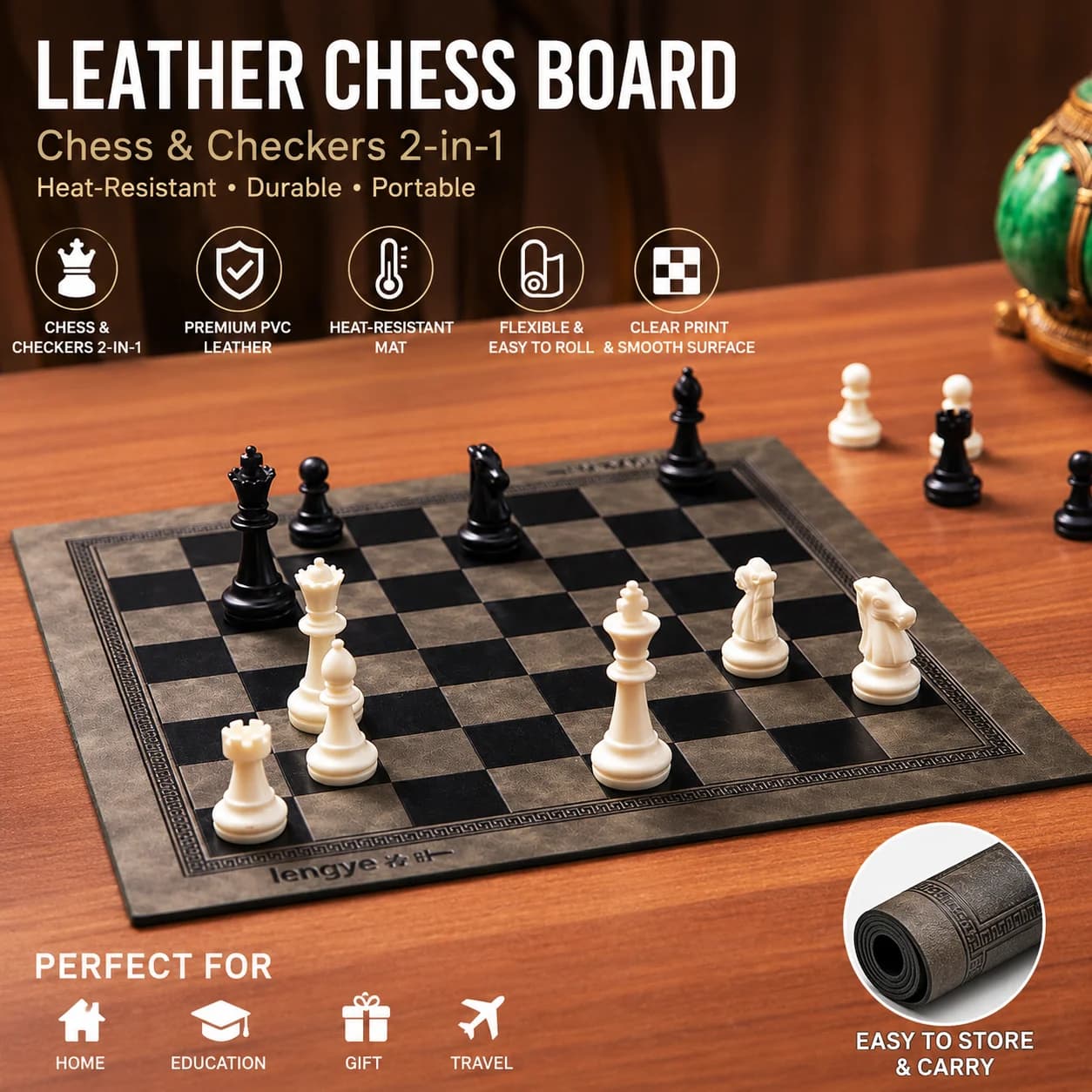 PVC Leather Chess Board Mat, 2-in-1 Chess & Checkers Board, Roll-Up Portable Game Board, Heat-Resistant, Durable Chessboard for