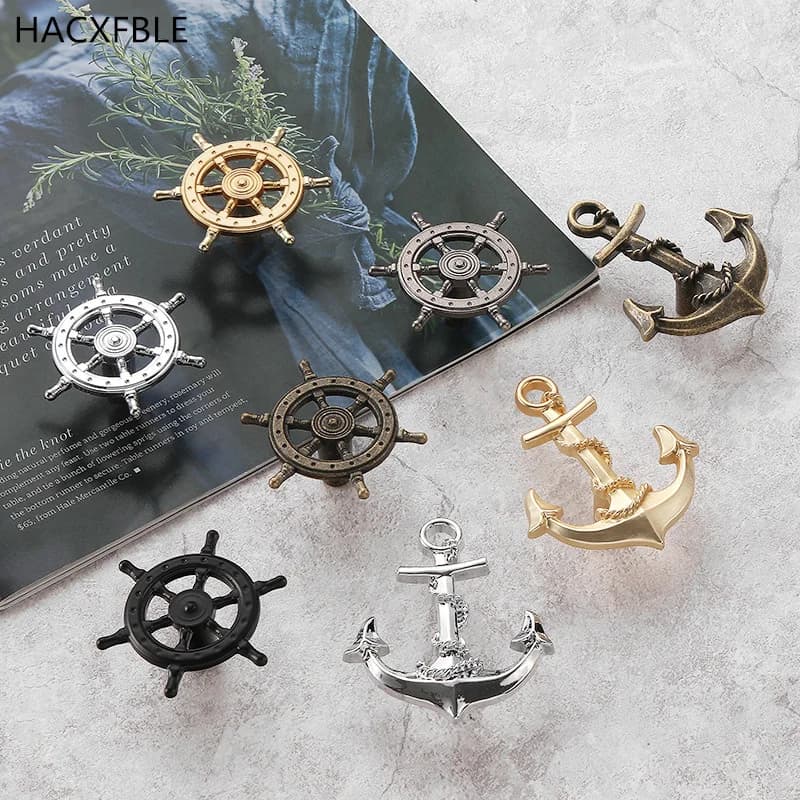 Maniglie per Mobili e Manopole per Cassetti in Argento e Oro, con Design a Ancora Navale e Timone, Accessori Decorativi per Navigazione