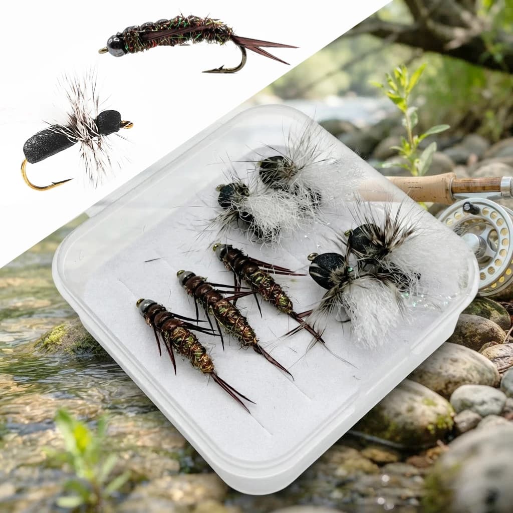 7pcs Handmade Fly Fishing Flies Assortment with Box Nymph Dry Fly Trout Fishing Lures Kit Fly Tying Baits Fishing Tackle
