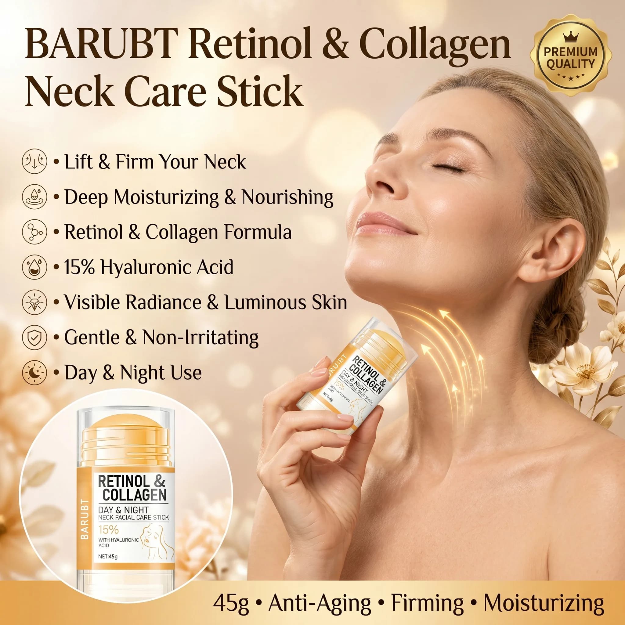 Crema viso e collo giorno e notte con retinolo e collagene, stick idratante e rassodante per la pelle, delicato e non irritante
