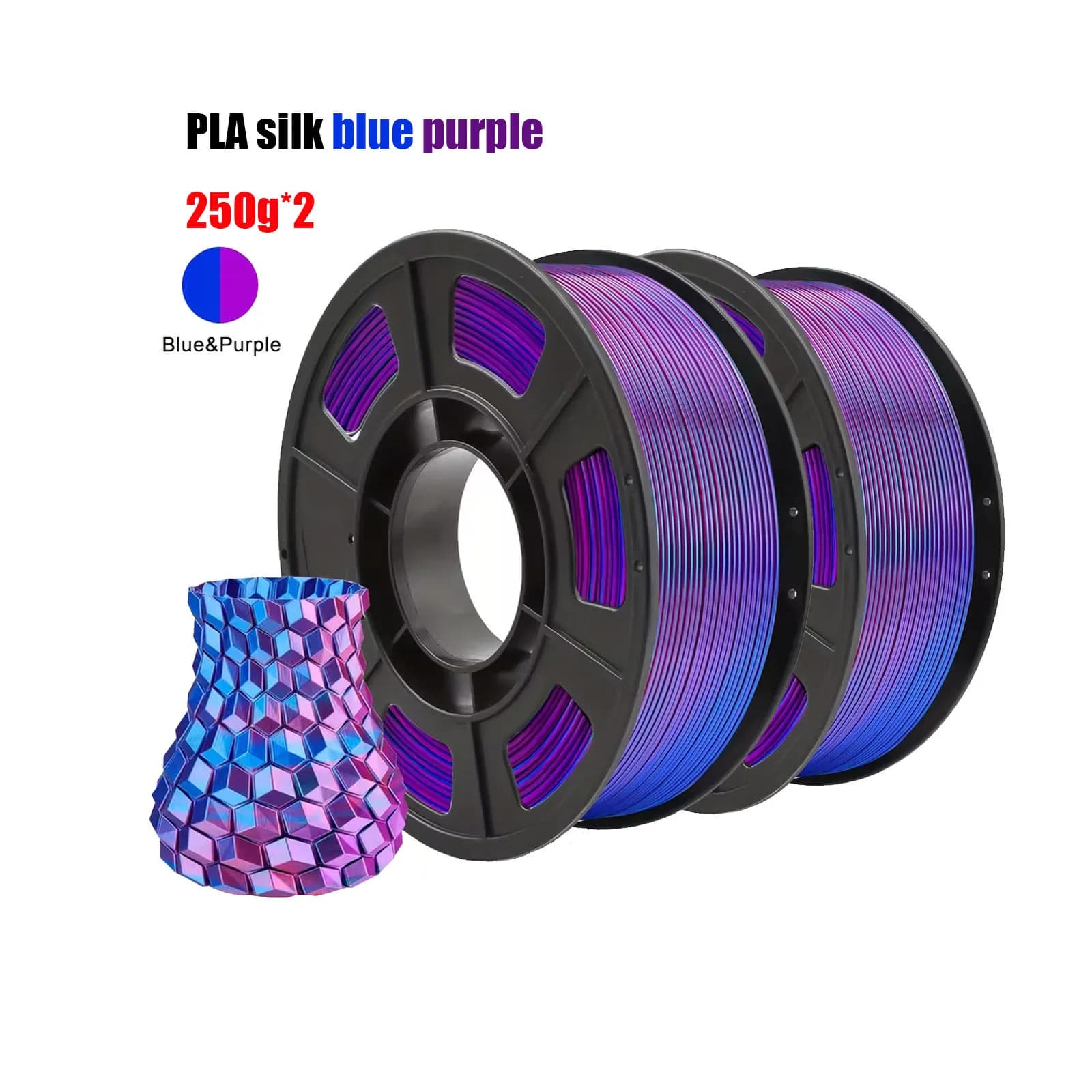 Filament PLA Silk 1.75mm Bicolor Blue Purple 250G, Polished Filament for 3D Printer, Dimensional Accuracy +/- 0.05mm, 250g Coil