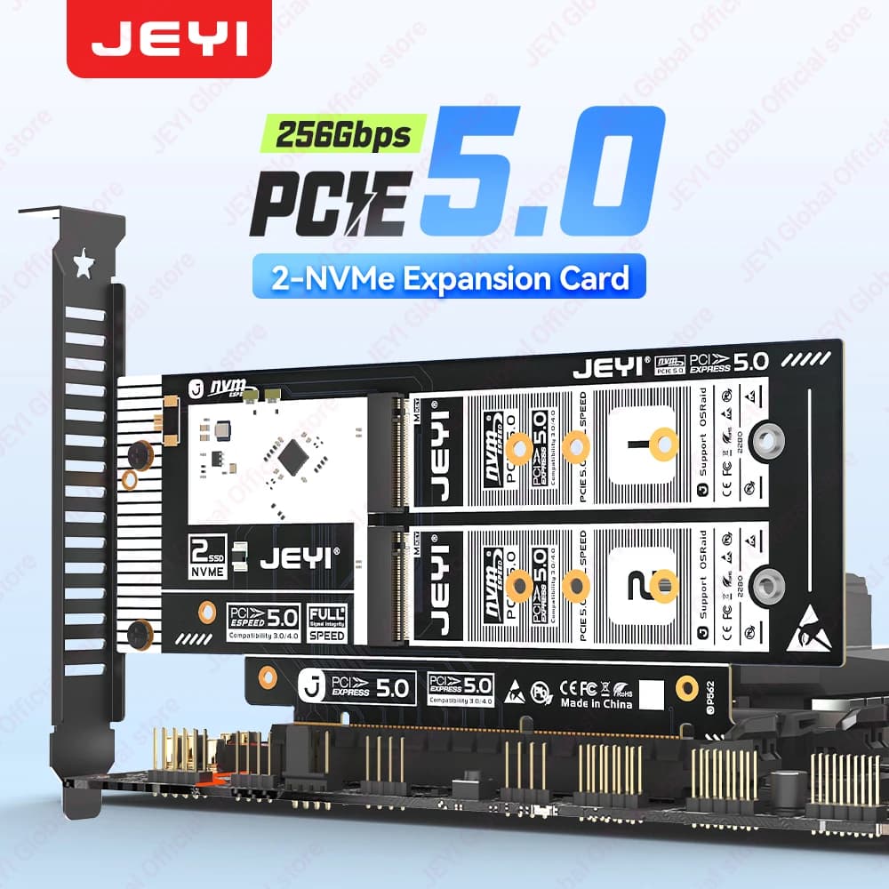 Scheda adattatore JEYI due in uno da PCIe 5.0 a M.2 NVMe 256 Gbps, supporta slot X8/X16 per SSD NVME 2280/60/42/30, supporta RAID 0