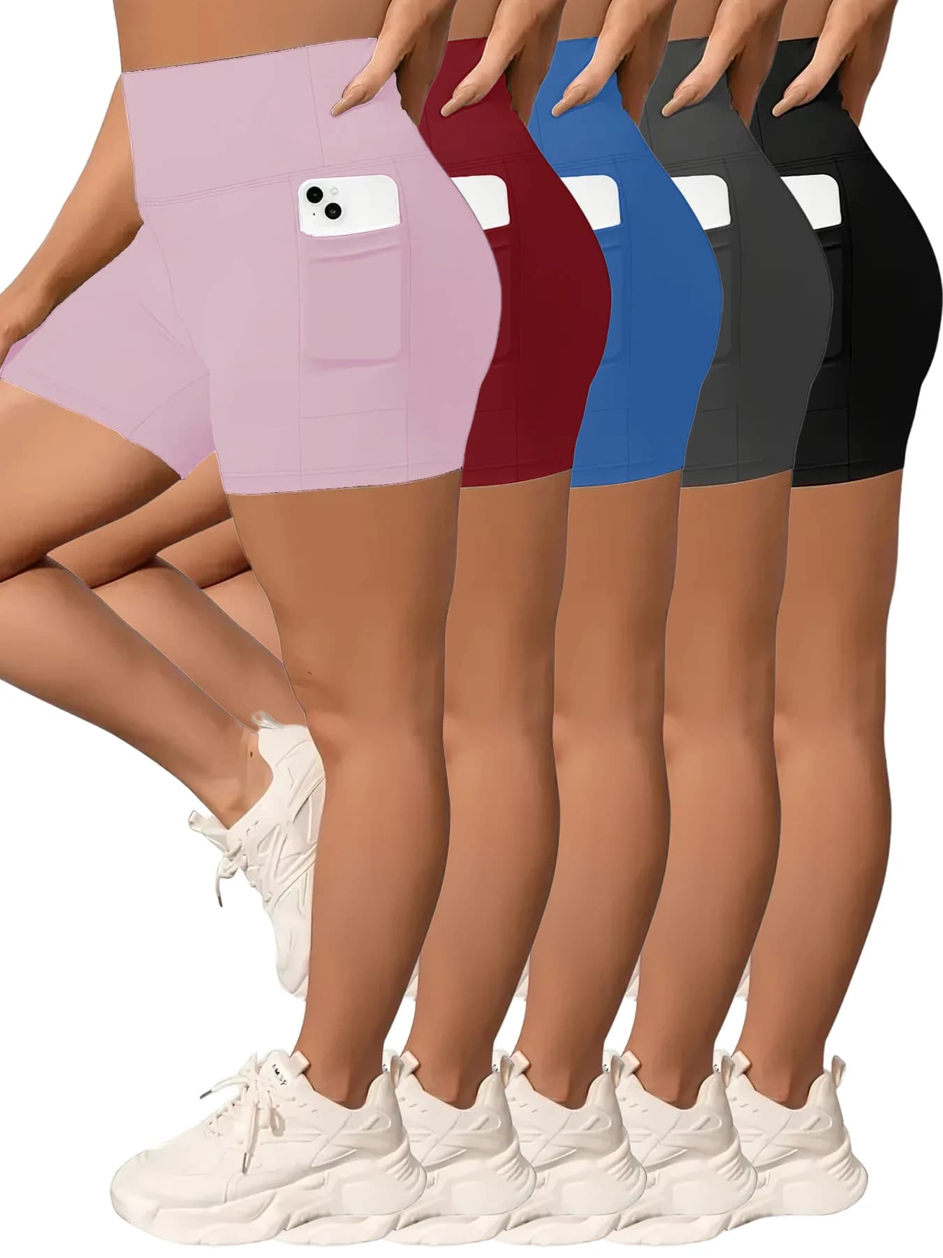Pantaloncini da motociclista a vita alta da donna 5 pezzi, dotati di doppie tasche, controllo della pancia, asciugatura rapida, sollevamento del sedere per lo yoga di classe Spin