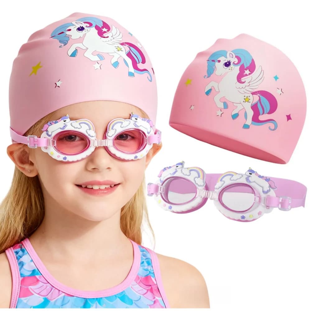 Unicorn pink swimwear cartoon for kids Waterproof and anti-fog silicone swim cap Set of swimming glasses