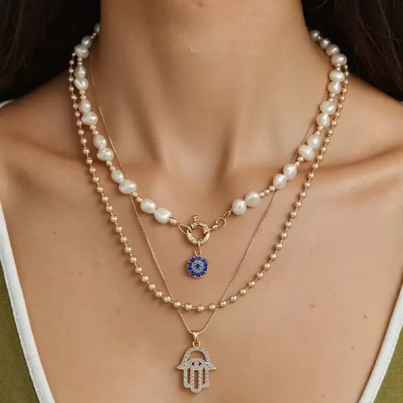 Women's Necklace with Layered Evil Eye - Blue Eye Pendant with Fake Pearls, Boho Crewneck with 3 Layer Diamond Accent