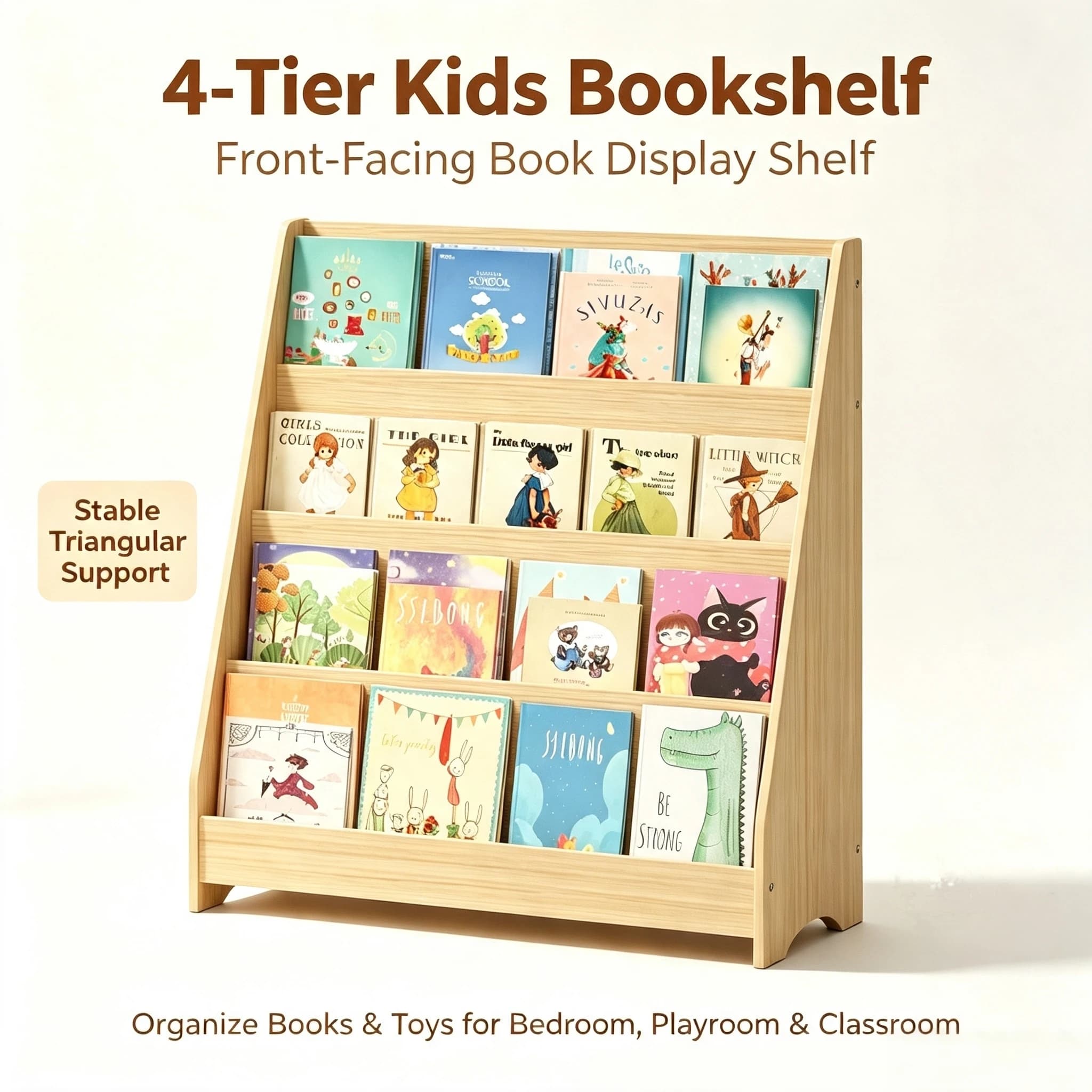 Front-Facing Toddler Bookshelf, 4-Tier Natural Wood Kids Book Display Shelf & Toy Storage Organizer for Nursery, Classroom & Bedroom