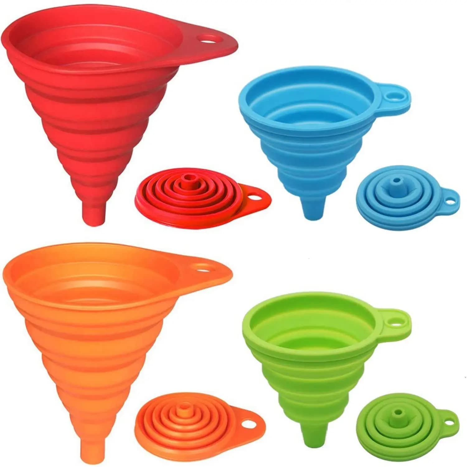 Set di imbuti da cucina, confezione da 4, piccoli e grandi, gadget da cucina, accessori, imbuti pieghevoli in silicone pieghevoli per il riempimento dell'acqua