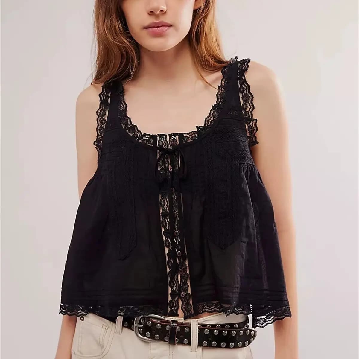 Top Corto Senza Maniche da Donna, Stile Boho con Inserti in Pizzo, Pullover con Bottoni, Stile Y2K Estivo