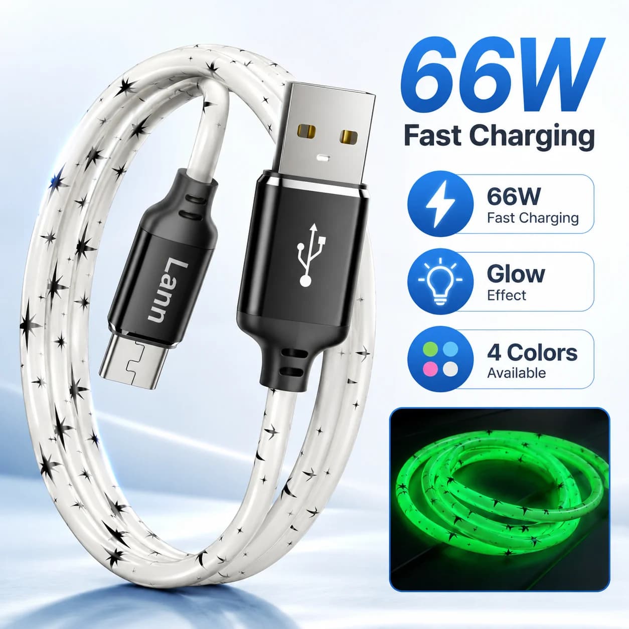 Cavo di Ricarica Rapida USB C da 66W, Cavo Caricatore Type-C Luminoso al Buio, Sincronizzazione Dati, da USB-C a USB-C/USB-A a USB-C per Telefono e Tablet