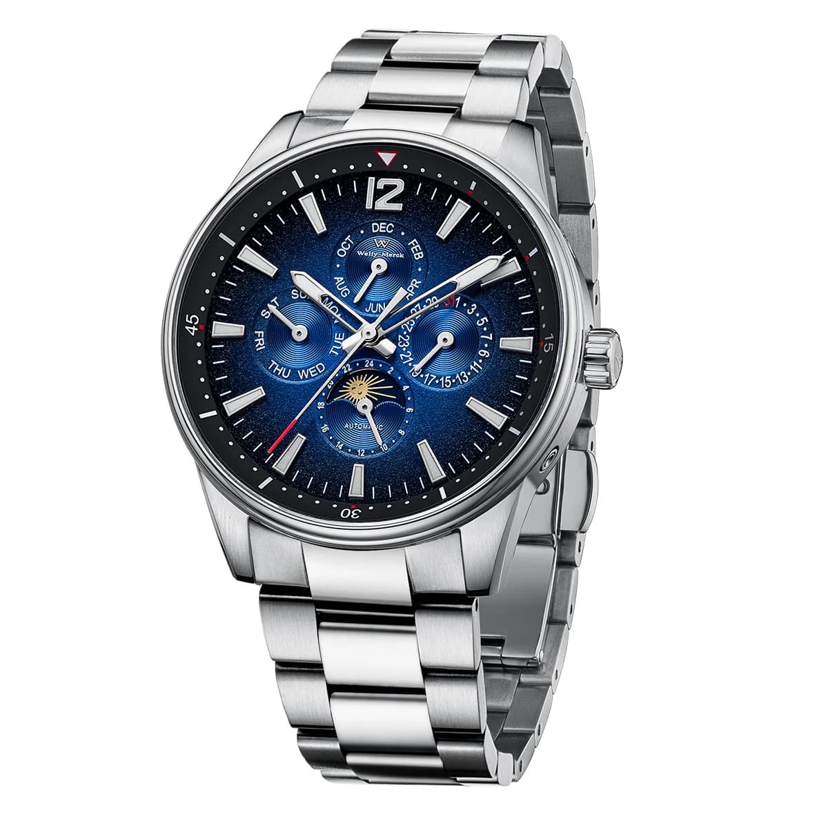 Orologio WM Orologio meccanico automatico Business Corone nascoste Multifunzione Uomo Zaffiro Impermeabile Welly Merck Orologi da uomo 160M-WM