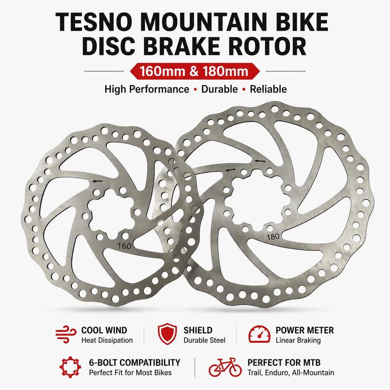 TESNO MTB Disc Brake Rotor 160mm 180mm Bicycle Brake Disc 6-Bolt Stainless Steel Mountain Bike Rotor for MTB Road Bike