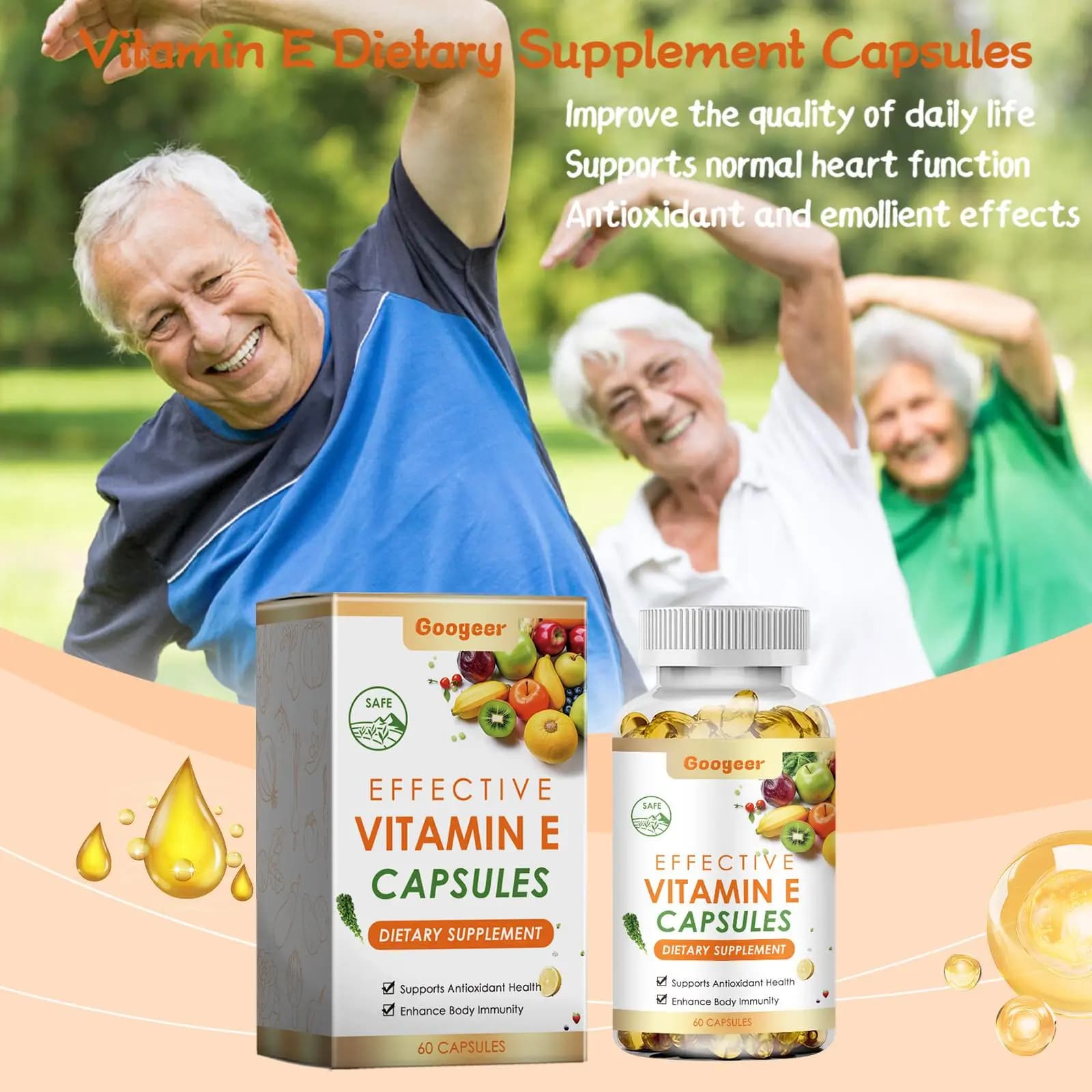 Googeer 60 vitamin E capsules to promote digestion help blood birch, improve energy, daily vitamin supplement, food capsule