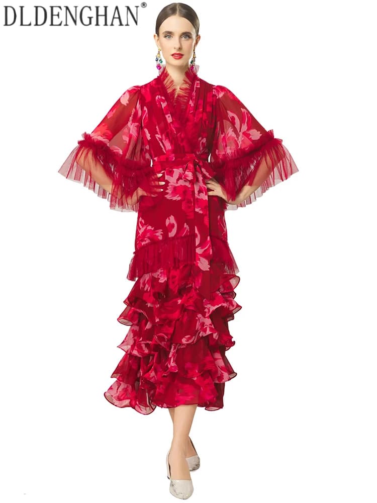 DLDENGHAN Women V-Neck Flare Sleeves Print Lace-Up Tierred Flounced edge Spring Summer Vintage Exquisite Dresses