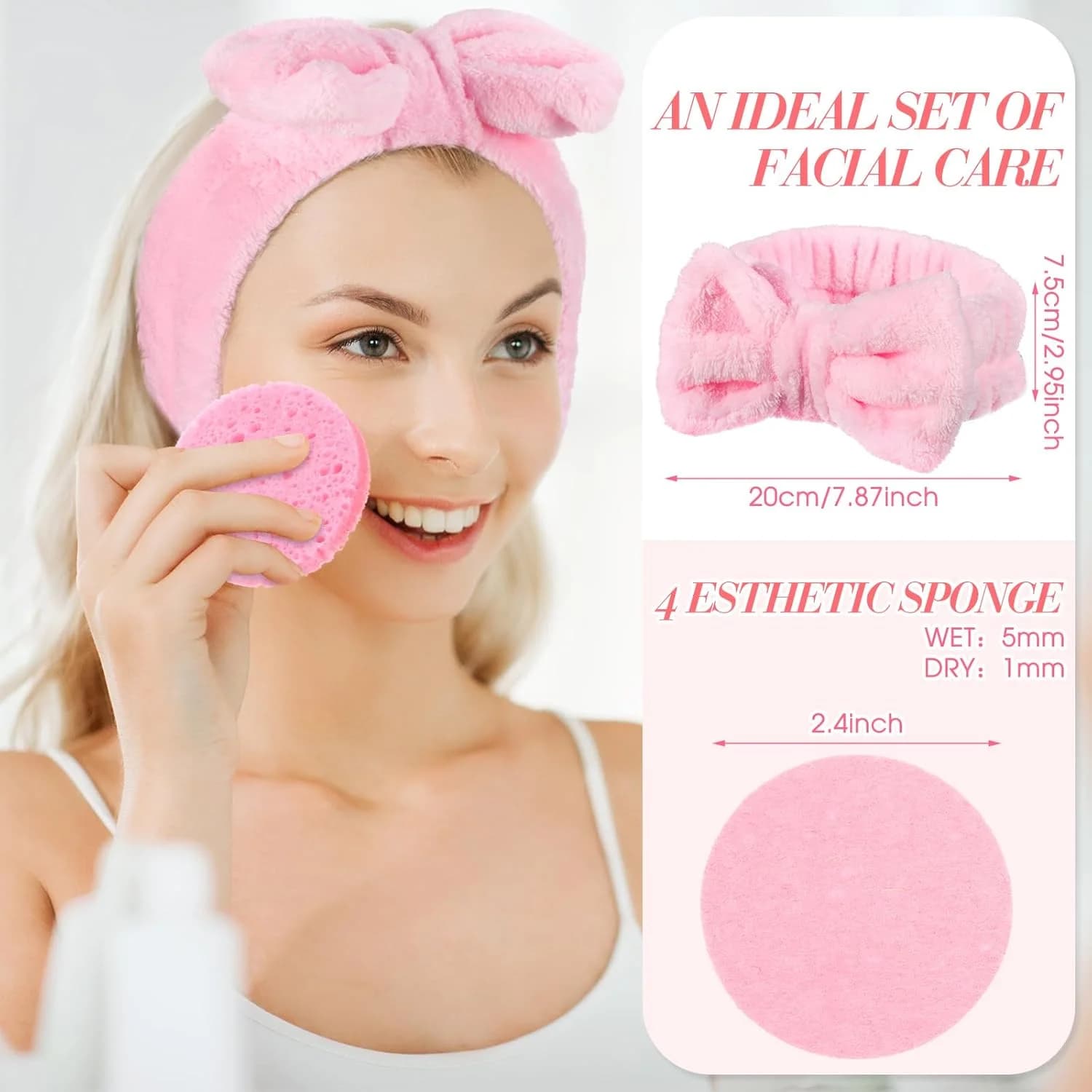 42-piece SPA facial scrub set, suitable for pink pajama parties, includes 6 SPA headbands, 6 fan-shaped facial scrub brushes and 30 compressed SPA sponges, for facial cleansing and skincare.
